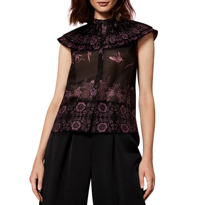 Ted Baker Black/Pink Orient Pleated High Neck Top