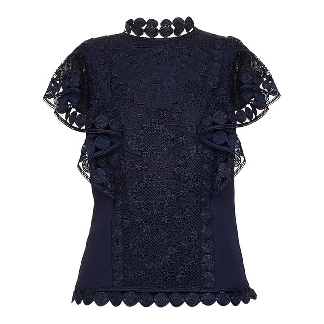Ted Baker Navy Mixed Lace Frill Sleeve Top