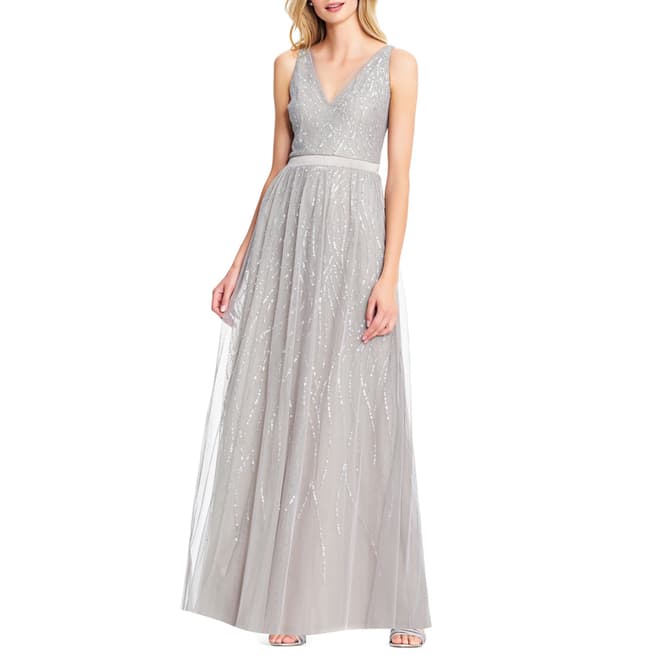 Adrianna Papell Silver Beaded Sleeveless Dress