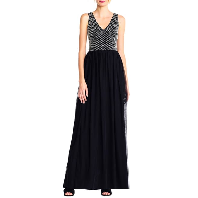 Adrianna Papell Black/Ivory Beaded Long Dress