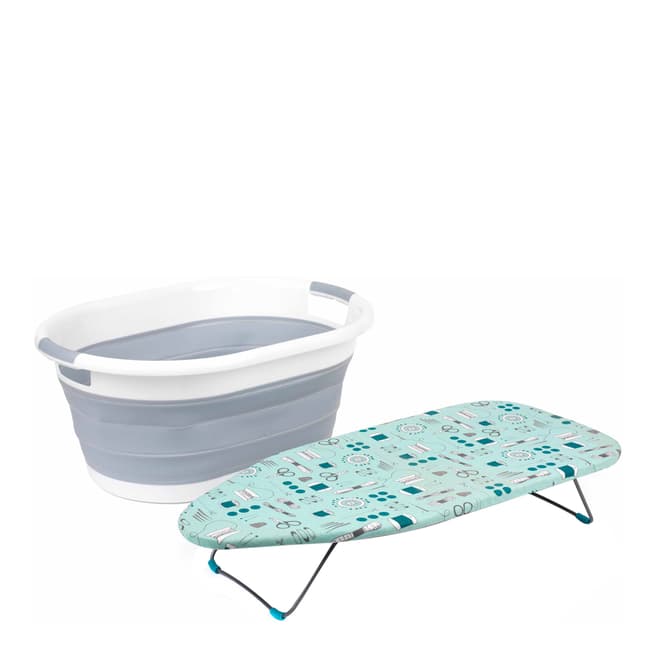 Beldray Sew Print Table Top Ironing Board & Grey Collapsible Laundry Basket