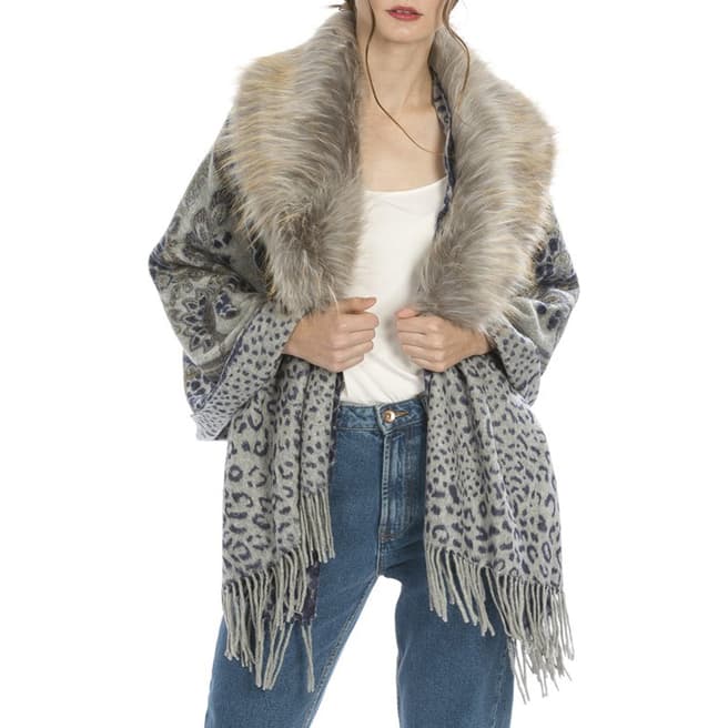 JayLey Collection Multi Animal Print Casmere Wrap With Faux Fur Collar