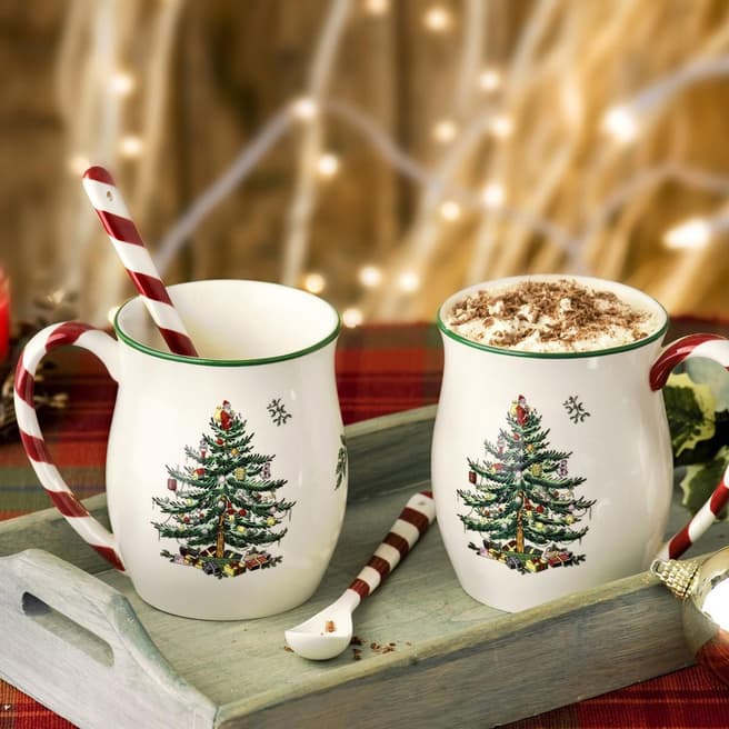 Spode Set of 2 Christmas Tree Mugs with Peppermint Handles