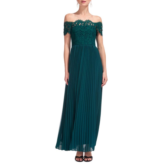 WHISTLES Green Lace Pleat Maxi Dress