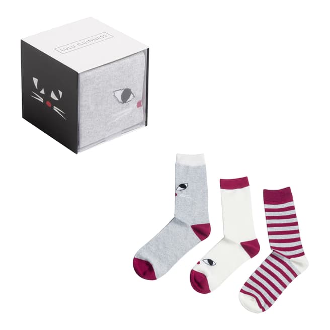 Lulu Guinness Grey/White/Red Kooky Cat Socks Gift Box