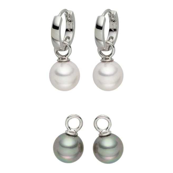 Pearls of London White/Silver Grey Pearl Hoop Earrings Set