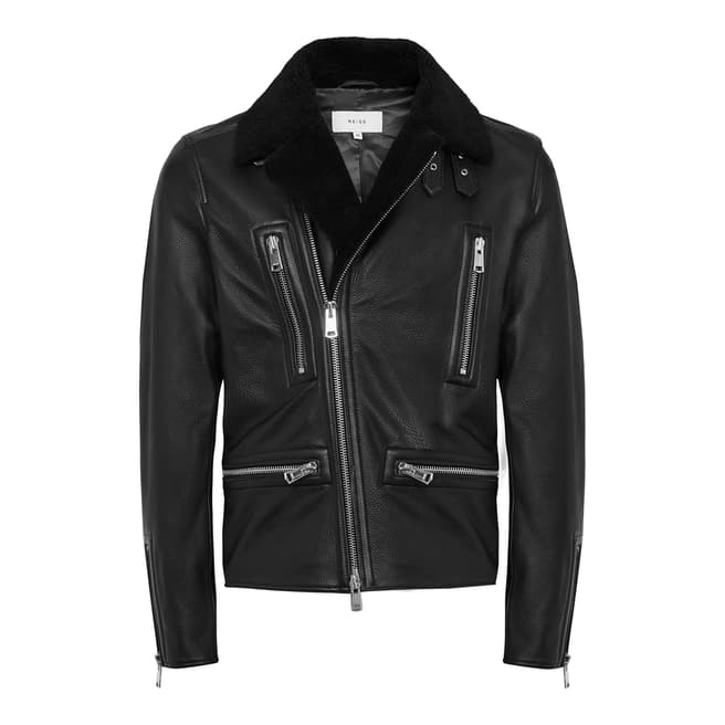 Reiss Black Axel Leather Biker Jacket