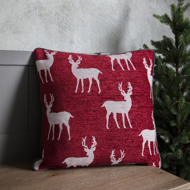 Gallery Living All Over Reindeer Chenille Cushion Red 45x45cm