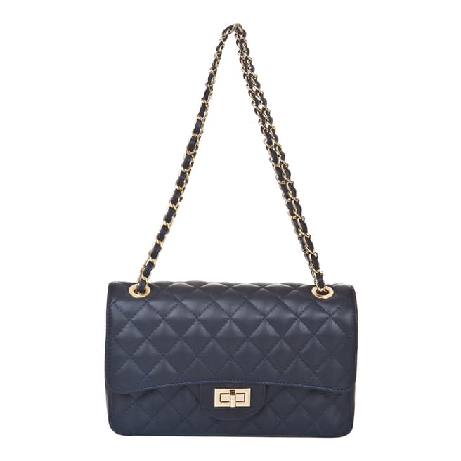 Markese Dark Blue Leather Chain Quilted Shoulder Bag