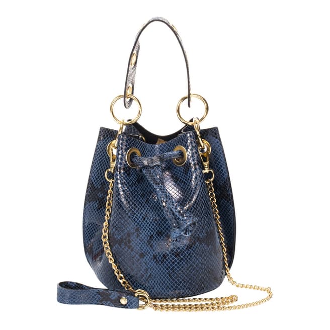 Markese Blue Snake Print Leather Bucket Bag