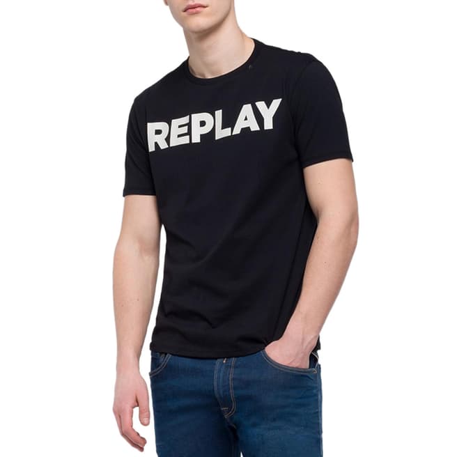 Replay Black Printed Logo Cotton T-Shirt