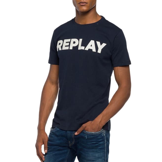 Replay Navy Printed Logo Cotton T-Shirt