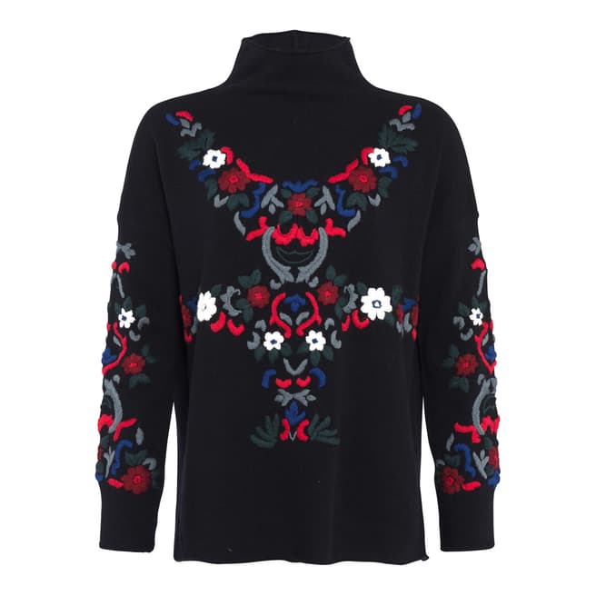 French Connection Black/Emily Embroidered Wool Blend Jumper