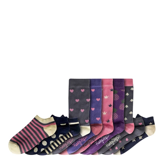 Funky Steps Pink/Multi Mixed Print 10 Pack Socks