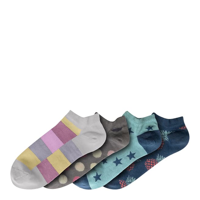 Funky Steps Grey/Multi Ankle Print 4 Pack Socks