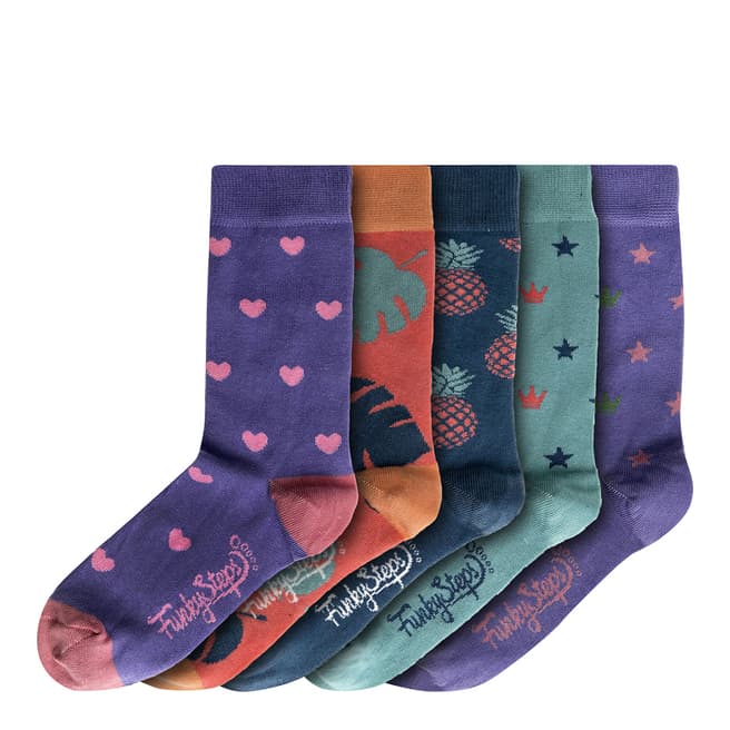Funky Steps Purple/Multi Long Print 5 Pack Socks