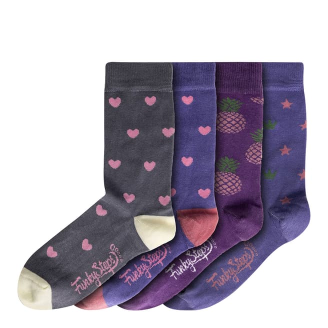 Funky Steps Grey/Purple Multi Long Print 4 Pack Socks