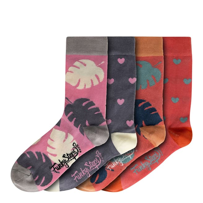 Funky Steps Grey/Multi Long Print 4 Pack Socks