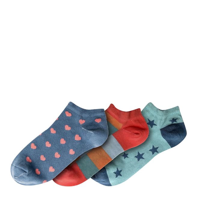 Funky Steps Blue/Red Ankle Print 3 Pack Socks