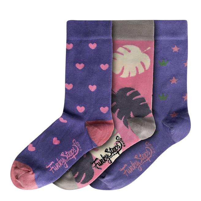 Funky Steps Purple/Pink Long Print 3 Pack Socks