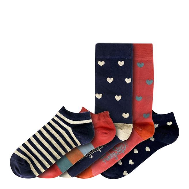Funky Steps Navy/Red Mixed Print 5 Pack Socks