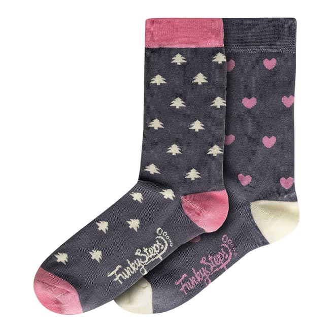 Funky Steps Pink/Grey Long Print 2 Pack Socks