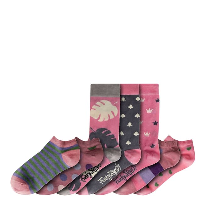 Funky Steps Pink/Grey Multi Mixed Print 7 Pack Socks