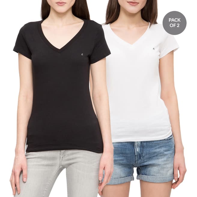 Replay White/Black V Neck T-Shirt