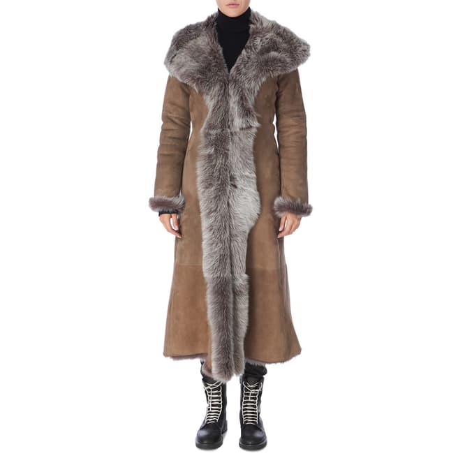 Shearling Boutique Taupe Waterfall Full Length With Hood Shearling Coat