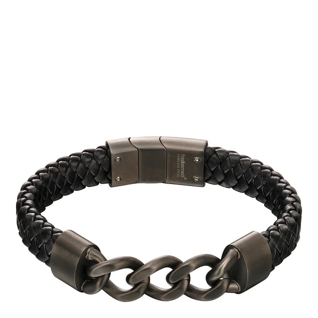 Fred Bennett Gunmetal Black Leather Chain Bracelet 22.5cm