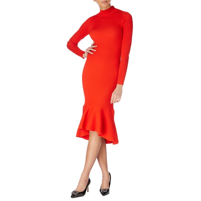 Karen Millen Red Drape Ribbed Knit Dress