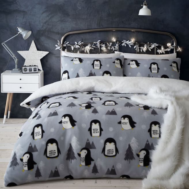 Catherine Lansfield Cosy Penguin Fleece Double Duvet Cover Set, Grey