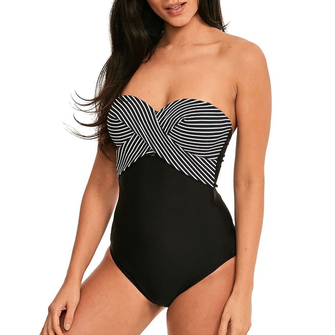 Figleaves Black Stripe Tailor Underwired Bandeau Twist Front Shaping Stripe Swimsuit