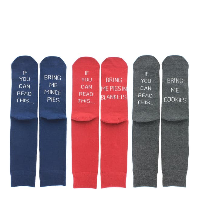 Wild Feet Navy/Red Slogan 3 Pack Socks