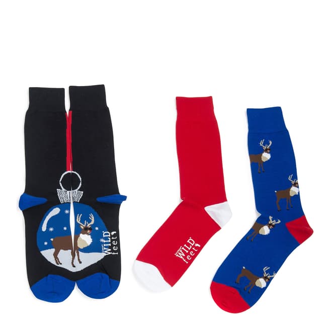 Wild Feet Navy/Red Bauble Rudolph 3 Pack Socks