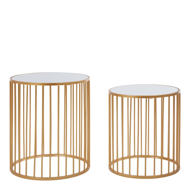 Fifty Five South Avantis Round Side Tables, Gold Finish Metal / Mirror Tops, Set of 2