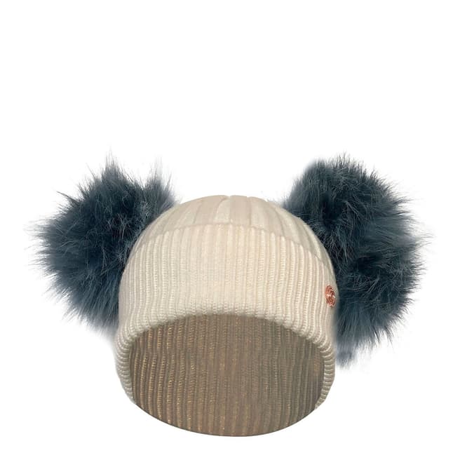 Look Like Cool Kids White Cashmere Hat with Baby Blue Pom Poms