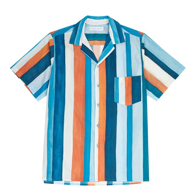 Desmond and Dempsey Blue/Orange Stripe  Print  Shirt