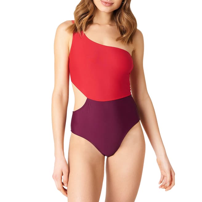NA-KD Red/Purple One Shoulder Block Swimsuit