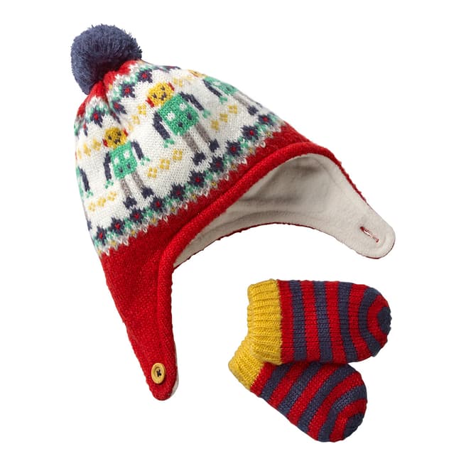 Boden Red Knitted Hat and Mittens Set