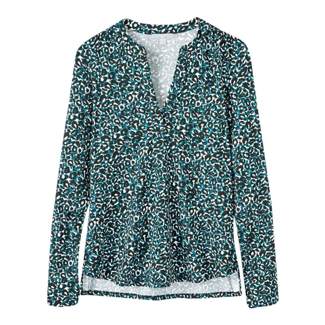 Pure Collection Teal Leopard Print Jersey Open V Neck Blouse