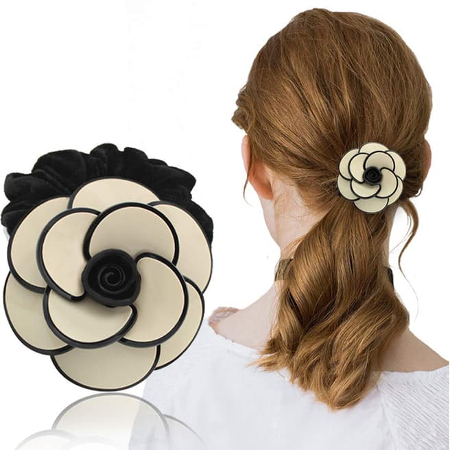 White label by Liv Oliver Ivory & Black Camellia Flower Hair Tie