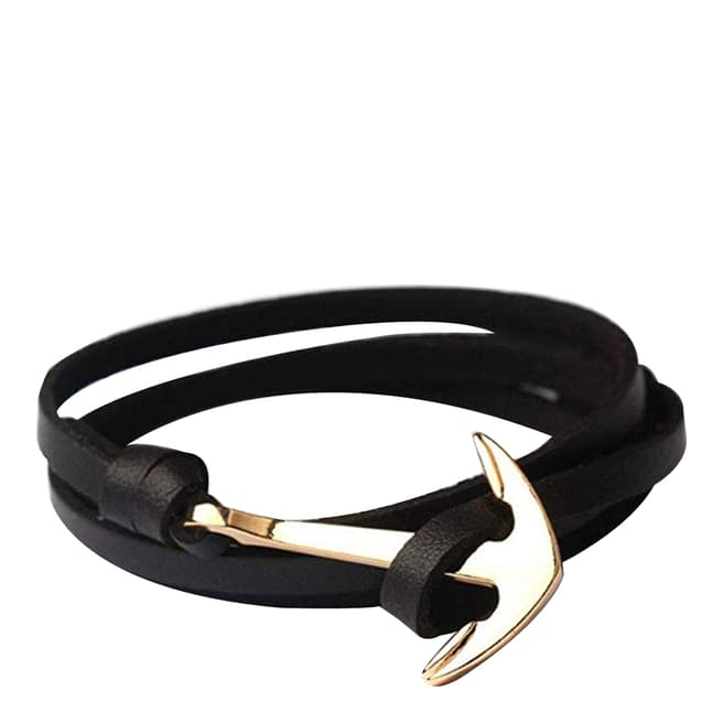 Stephen Oliver Black / Gold Anchor Leather Wrap Bracelet