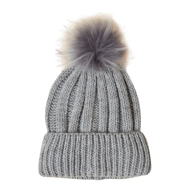 French Connection Grey Faux Fur Pom Beanie Hat