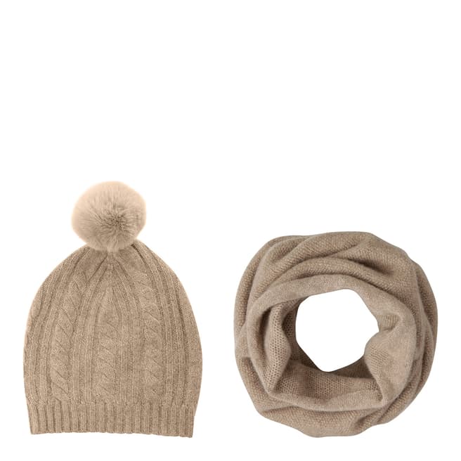 Laycuna London Taupe Cashmere Snood and Bobble Hat Set