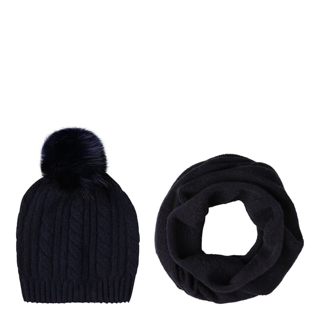 Laycuna London Navy Cashmere Snood and Bobble Hat Set