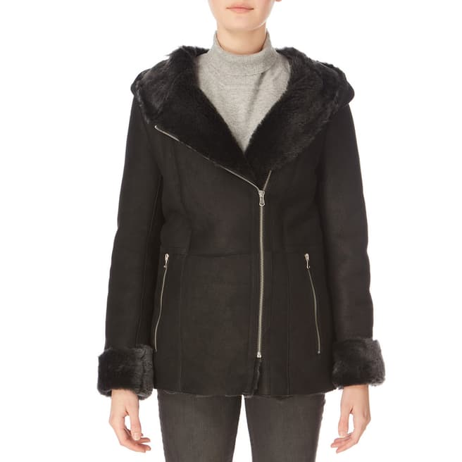 Shearling Boutique Black Mid Length Hooded Merino Sheepsin Jacket