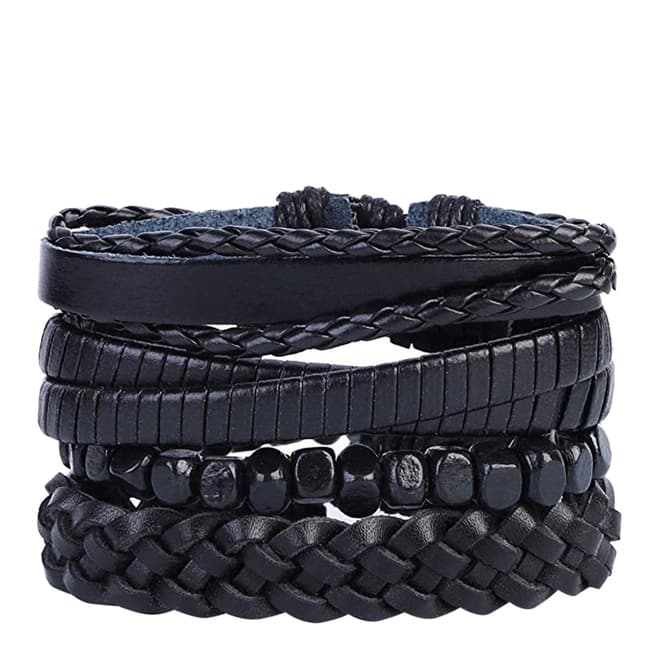 Stephen Oliver Black Leather Woven Bracelet Set