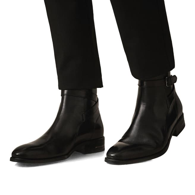 Reiss Black Dorst Leather Boots with Strap Detail