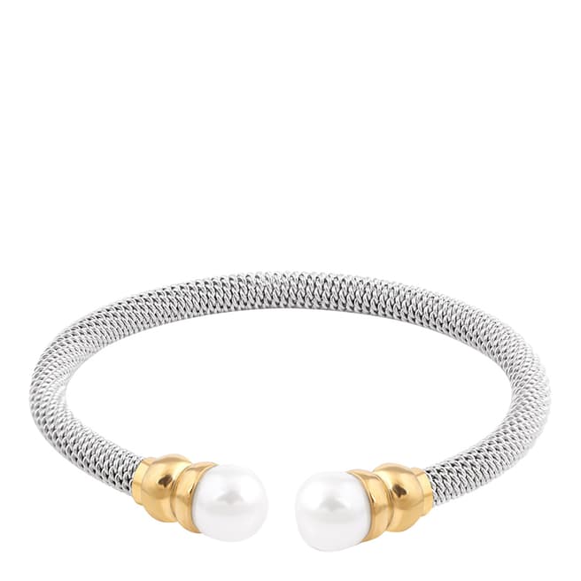 Liv Oliver 18K Gold Plated & Silver Plated Two Tone Pearl Cuff Bangle